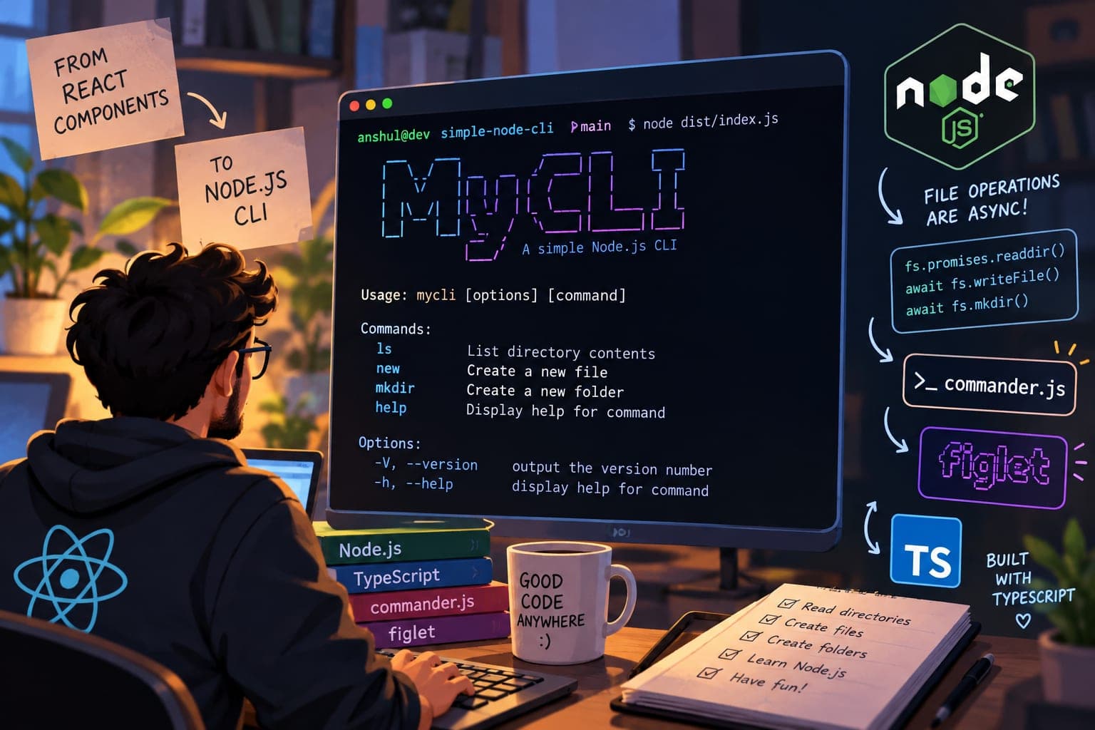 Terminal running a TypeScript Node.js CLI built with commander.js and figlet