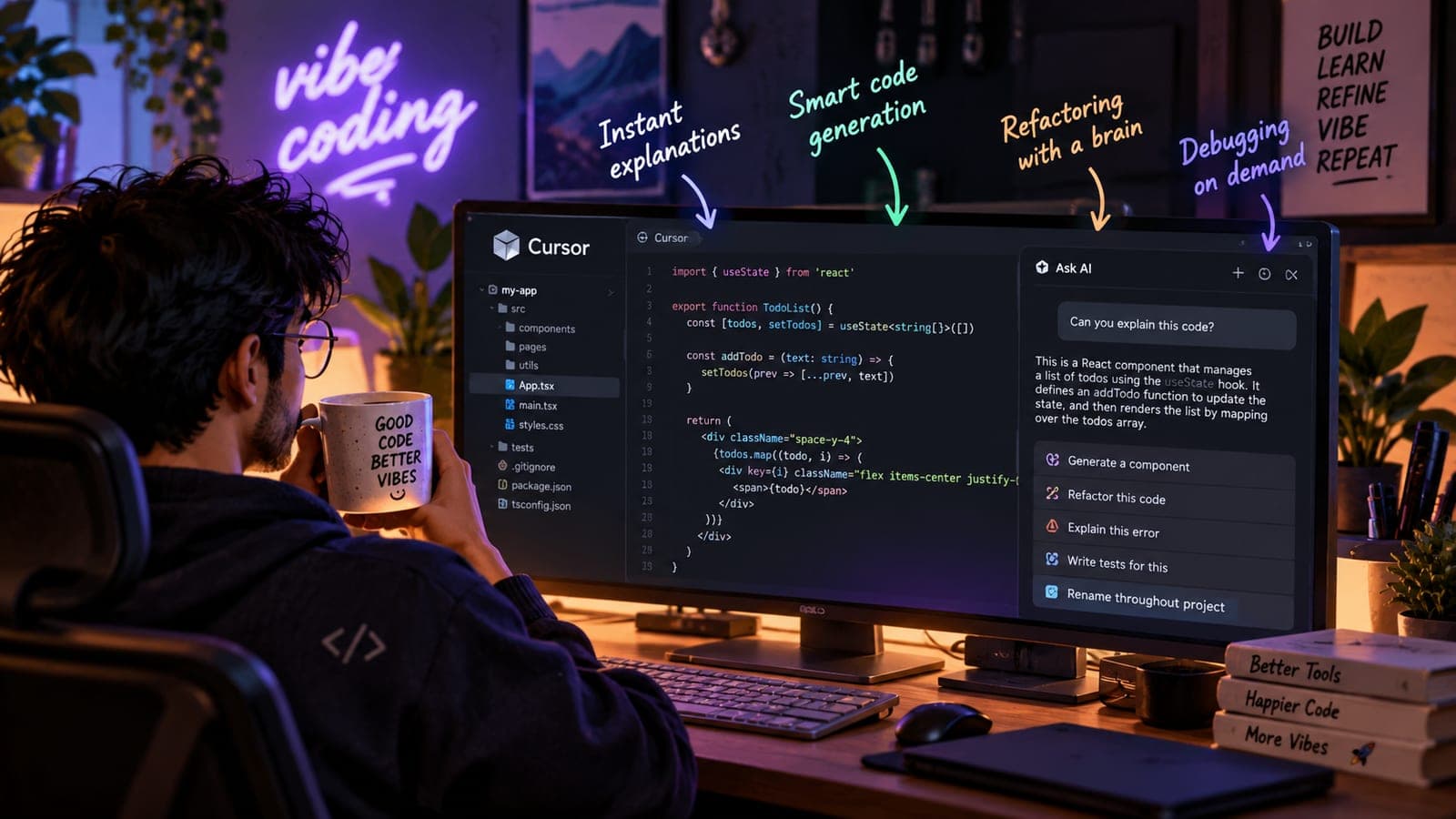 Developer vibe coding in the Cursor editor, using Ask AI to explain a React component